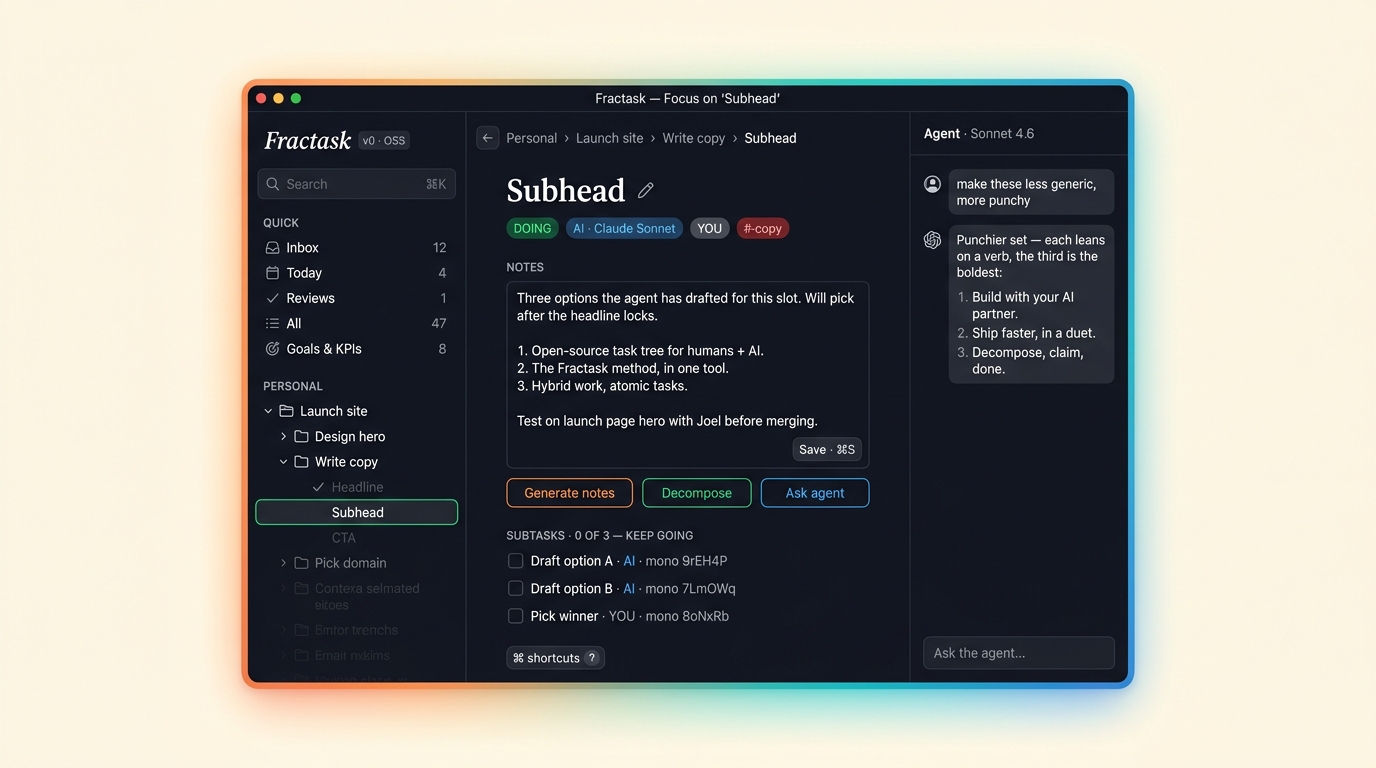 Fractask focus mode — single task with notes editor, subtasks, agent conversation