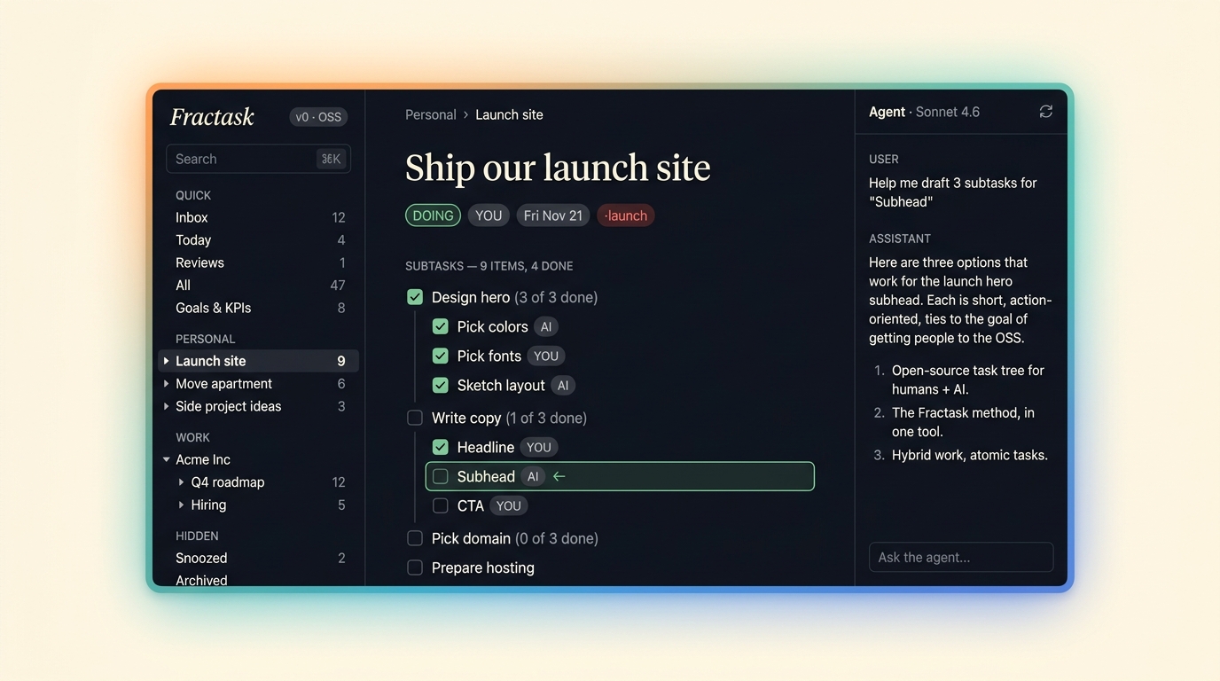 Fractask task tree view — sidebar with workspaces, central nested checklist, AI agent panel on the right